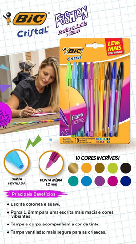 Imagem 5 de 5 de Caneta Esferografica Bic 6 Fashion + 4 Cristal 1.2mm