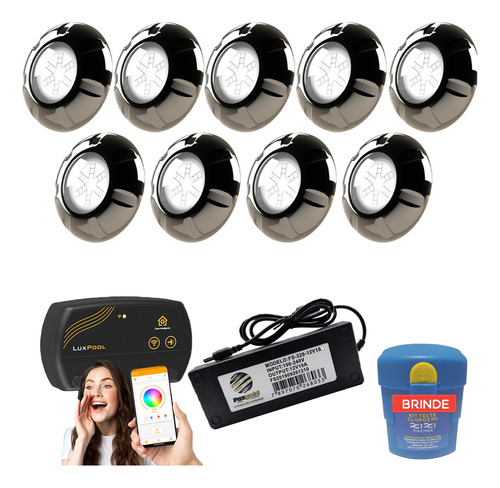 Kit Iluminação Piscina 9 Leds 9w Inox - 128m² + Smart Lux