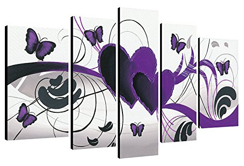 Purple Love Butterfly 5 Paneles Moderno 100% Pintado Ma...