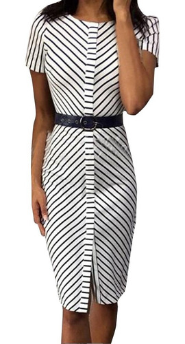 Mujer Raya Pritn O-cuello Midi Vestido Manga Corta Bodycon Mujer Raya Pritn O-cuello Midi Vestido Manga Corta Bodycon