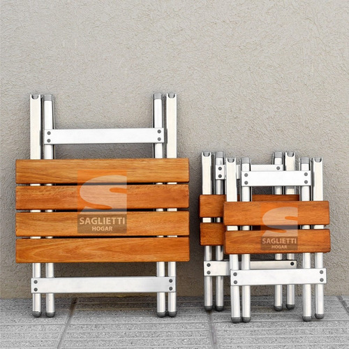 Imagen 8 de 10 de Mesa Ratona Plegable Aluminio Madera 60x50 + 2 Bancos Combo