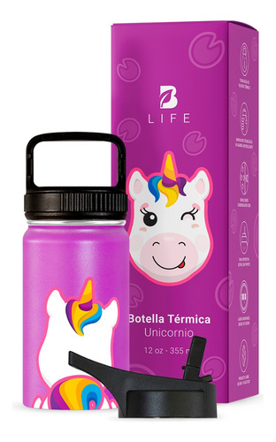 Termo De Agua Para Niños 355 Ml. Con Popote Y Asa. B Life Unicornio