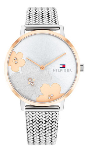 Relógio de aço inoxidável Tommy Hilfiger para mulheres com design floral, cor de malha, cor de moldura prateada, cor de fundo dourada, cor de fundo, prata