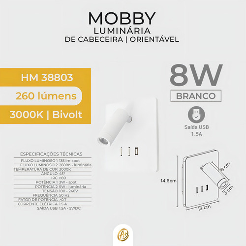 Luminária De Cabeceira Mobby Branco - 5w, Spot 3w, Usb