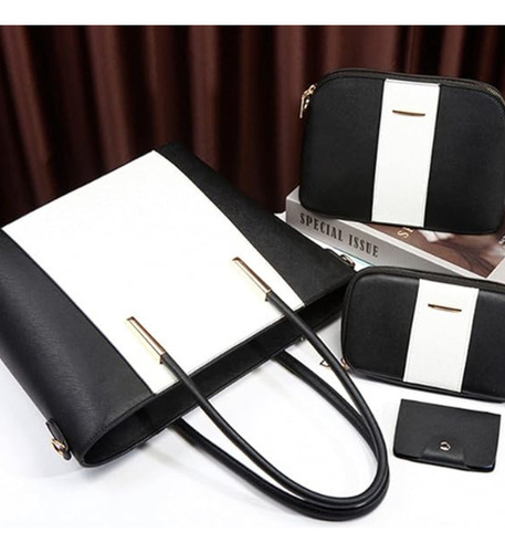 Set Carteras de Mujer Elisabeth&Co Rimini Elaborado en Cuero Pu Negro y Blanco Incluye 1 Cartera Grande 1 Cartera Chica 1 Billetera y 1 Tarjetero Correa Extraíble e intercambiable Herrajes Dorados