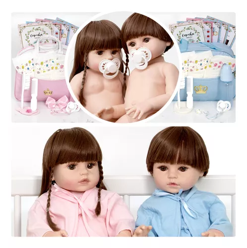 2 Bebes Reborn Casal Gemeos 100% Silicone Menino Menina Bolsa Acessórios