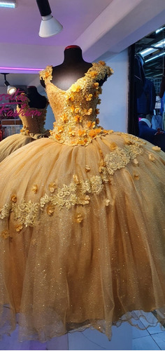 Vestido De Xv Años, Dorado, Flores 3d | Envío gratis Vestido De Xv Años, Dorado, Flores 3d | Envío gratis