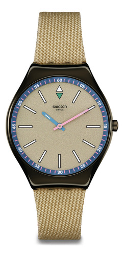 Reloj Swatch Sunbaked Sandstone Syxm100 Correa Beige Bisel Negro Fondo Negro