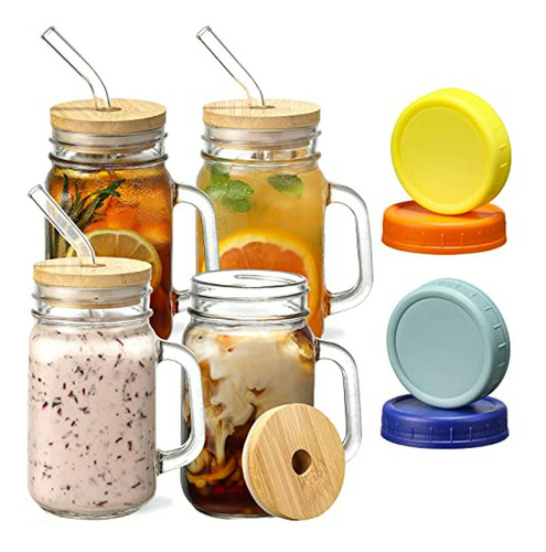 Set De 4 Tarros De Vidrio Con Asa Y Tapas De Bambú, 16oz Par