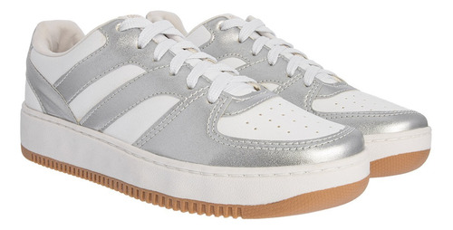 Tênis Gabriela Flatform Feminino Recortes Metalizados Branco