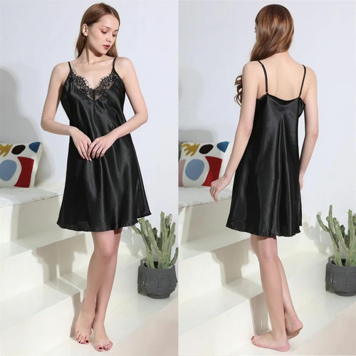 Pijama De Seda Satinada, Camisón Sexy Con Tirantes Y Cuello