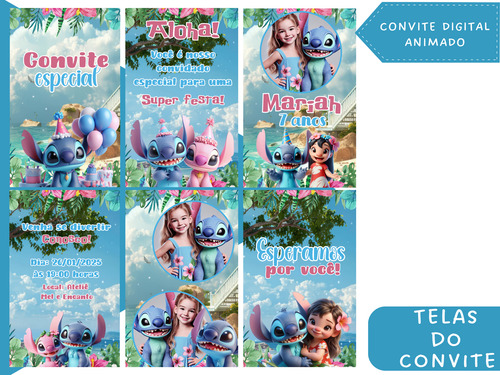 Convite Digital Animado Lilo, Stitch E Angel Azul-petróleo