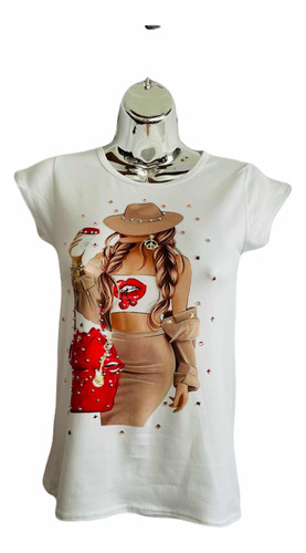 Blusa Mujer Algodón Estampada Muñeca Sombrero Bolsa Moda