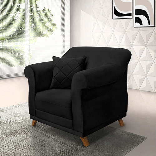 Kit 2 Poltronas Para Sala De Estar Vênus Suede Pés Castanho Cor Preto