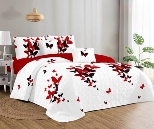 Quilt De Verano Con Mariposas Negro Y Rojo  A1043 1.5 Plaza 