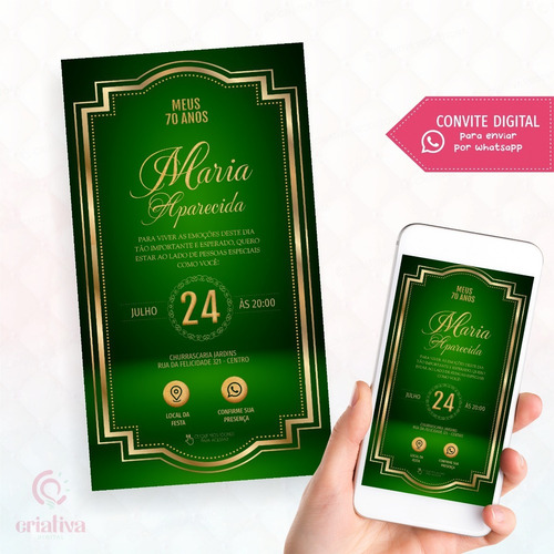 Convite Virtual Feminino Verde Dourado 30 40 50 Anos