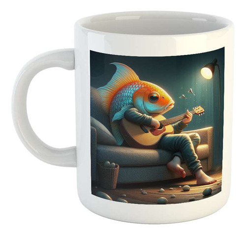 Taza Ceramica Pez Dorado Color Como Persona Guitarra