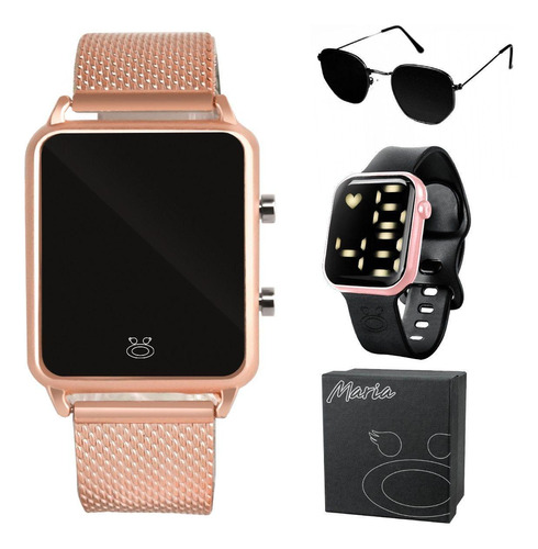 2 Relogio Feminino Digital Led Rose + Oculos Sol + Caixa