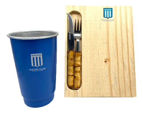 Set Asado C Cubiertos Madera Y Vaso 1 Litro Racing Club