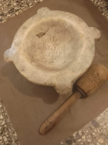 Mortero Mármol Antiguo Grande Con Pilón De Madera (Usado)