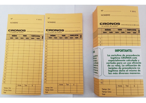Imagen 4 de 9 de Tarjetas Cronos Cartulina Fichar Reloj Control Horario