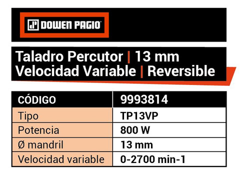 Taladro Percutor 13mm Vel Variable 800 W Dowen Pagio 9993814 Color Naranja Frecuencia 50 Hz