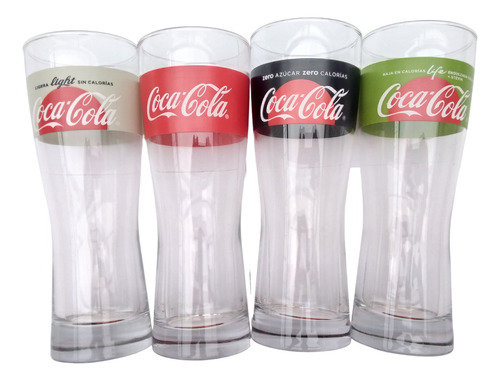 4 Vasos De Vidrio Coca Cola Regular Light Zero & Life