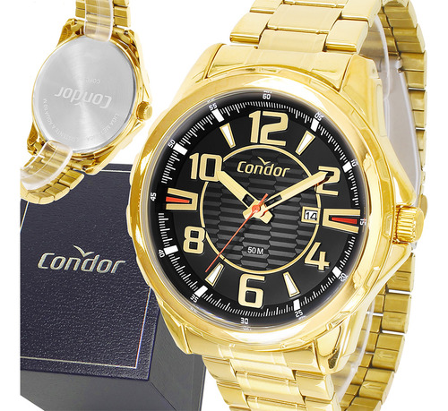 Relógio Condor Masculino Speed Dourado Grande Aço Inoxidável Luxo 