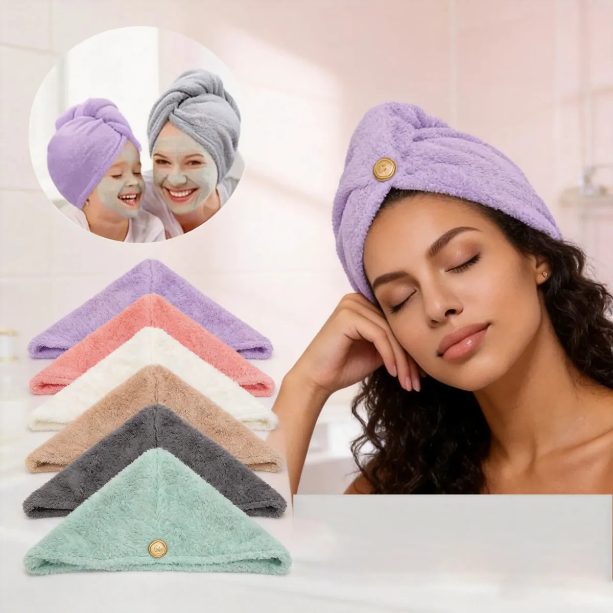 Toalla de 6 gorras, turbante, de secado rápido para el cabello después del baño, para colorear animales de varios colores