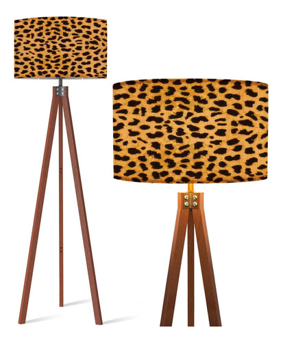 Lampara Pie Tripode Madera Piel Leopardo Pantalla Lino Alta