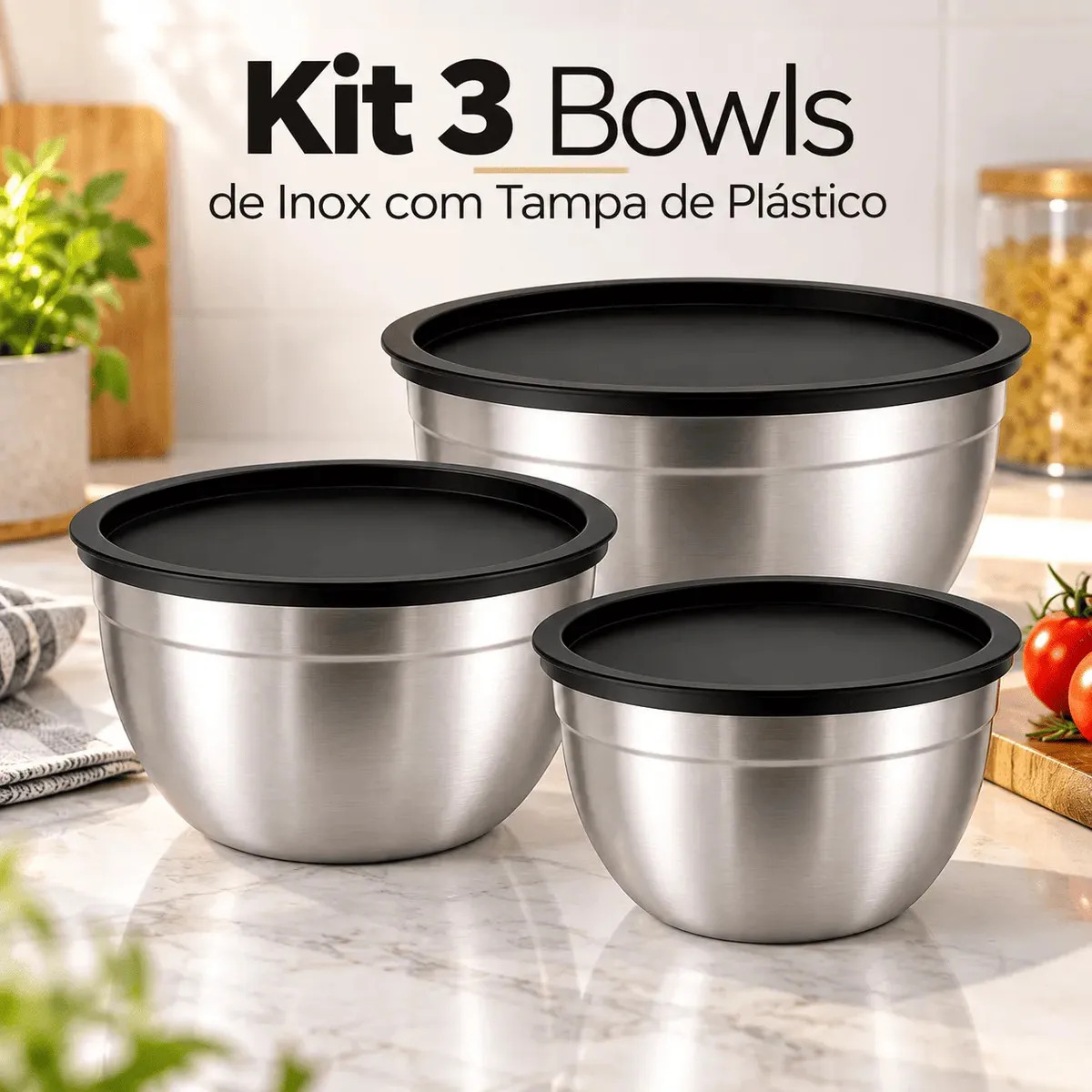 Kit 3 Bowls Inox Com Tampa Hermética 22cm 20cm 18cm Potes Aço Inox Cozinha Armazenamento Alimentos A Tabuleria