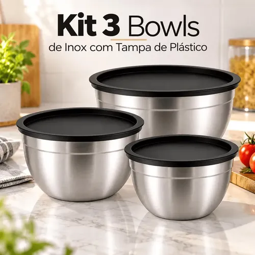 Kit 3 Bowls Inox Com Tampa Hermética 22cm 20cm 18cm Potes Aço Inox Cozinha Armazenamento Alimentos A Tabuleria