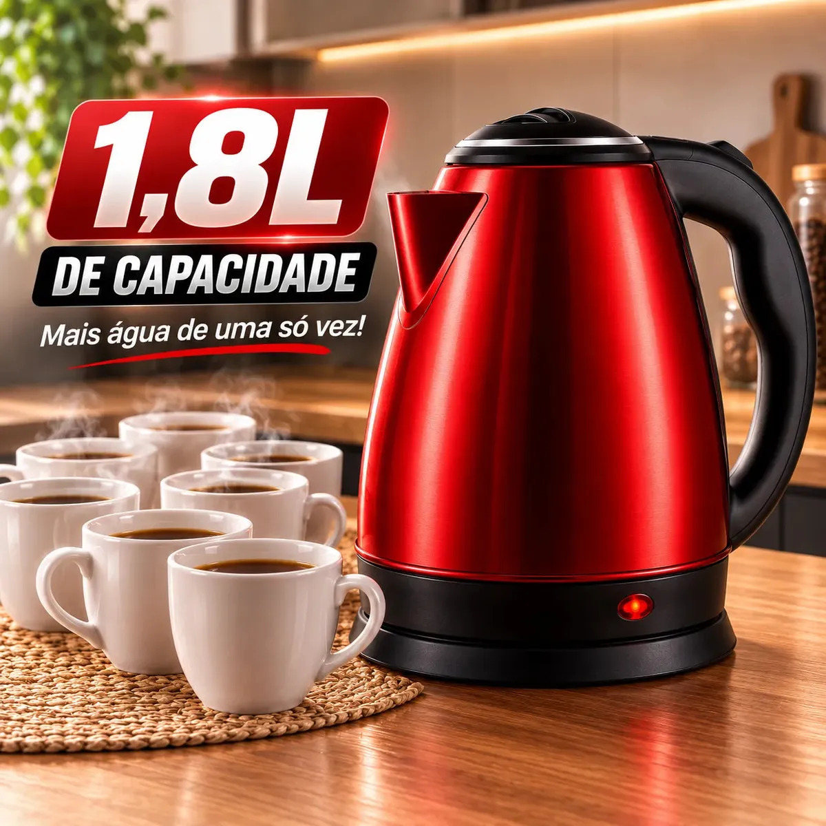 Chaleira Elétrica Inox Vermelha 1,8l 1000w Base Giratória 360° Desligamento Automático Ferve Água Rápido Café Chá Moderna Mesa Posta Vermelho 127v