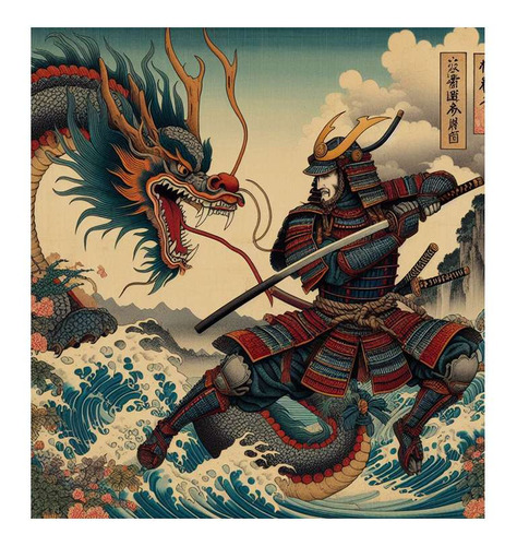 Vinilo 20x20cm Samurai Dragon Batalla Estilo Hokusai