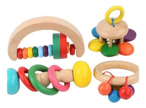 Sonajeros Estimulación Para Niños Montessori Color X4 Madera