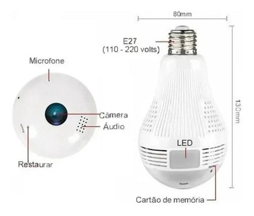Imagem 5 de 9 de Kit Câmeras Ip Lâmpada Espiã 360º Panorâmica C/ Memoria 32gb