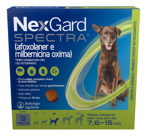Nexgard Spectra Antipulgas Para Cães 7,6 A 15kg 3 Tabletes Verde