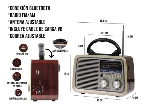 Imagen 2 de 10 de Bocina Portatil Radio Am Fm Usb Tf Aux Vintage Recargable
