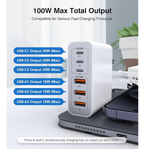 Bloque De Cargador De Pared Usb C, 100w Gan 6 Puertos Qc+pd3
