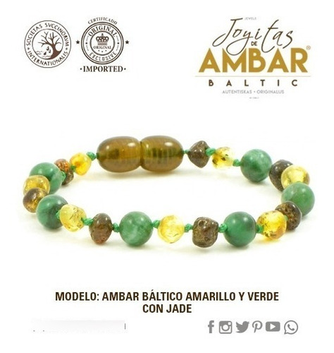 Pulsera De Ámbar Báltico Amarillo, Verde Y Jade Juvenil 17cm