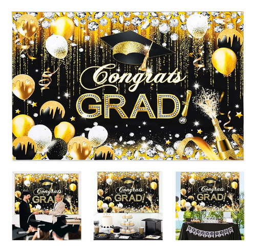 1 Pieza 150×100cm Graduación Telón de Fondo Negro y Dorado 2025 Decoración de Fiesta de Graduación