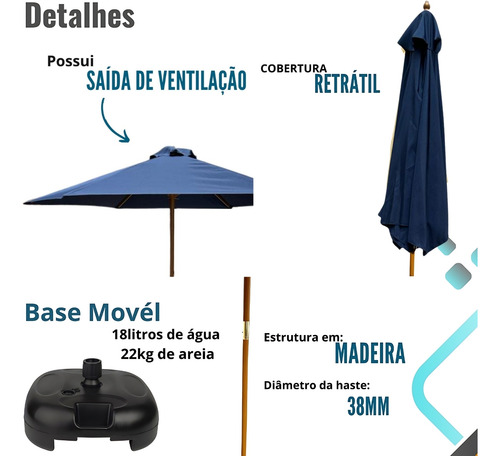 Guarda Sol Grande 2,70m Com Base Ombrelone De Madera Piscina
