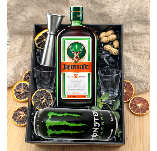 Box Licor Jaggermeister 750 Ml + Shots + Jigger+ Monster