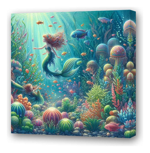 Cuadro 30x30cm Sirena Fantasia Fondo Mar Pez Corales M1