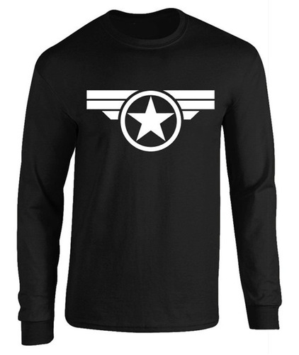 Camibuso Negro Camiseta Manga Larga Capitán América