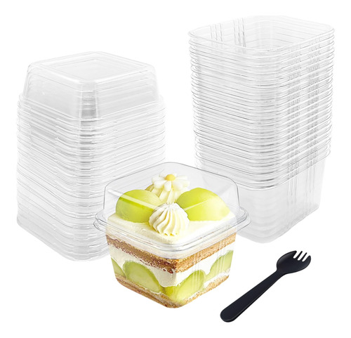 50 Taza Postre Plastico 8 Onza Tapa Cuchara Cuadrada Parfait