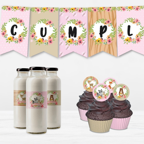 Kit Imprimible Animales Del Bosque Rosa, Candy Bar. Editable