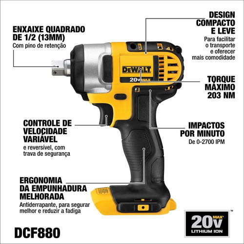 Chave De Impacto De 1/2'' (13mm) 20v Max Dcf880b - Dewalt