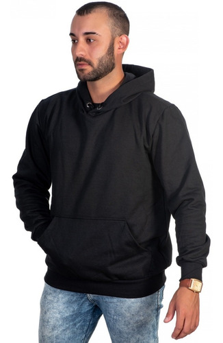Imagem 5 de 7 de Moletom Canguru Preto Masculino Liso Fechado Com Capuz Ofert