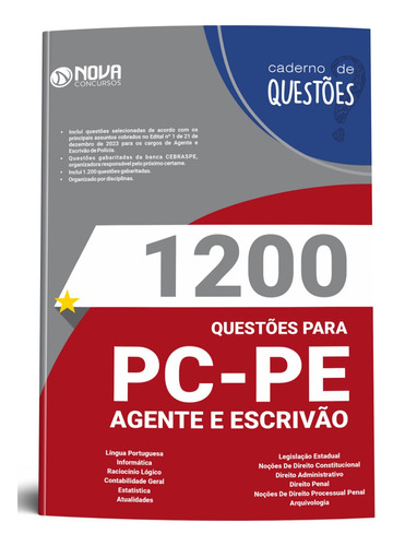 Apostila Concurso Pc-pe 2024 Polícia Civil Pernambuco Caderno De Questões Gabaritadas Agente E Escrivão De Polícia - Editora Nova